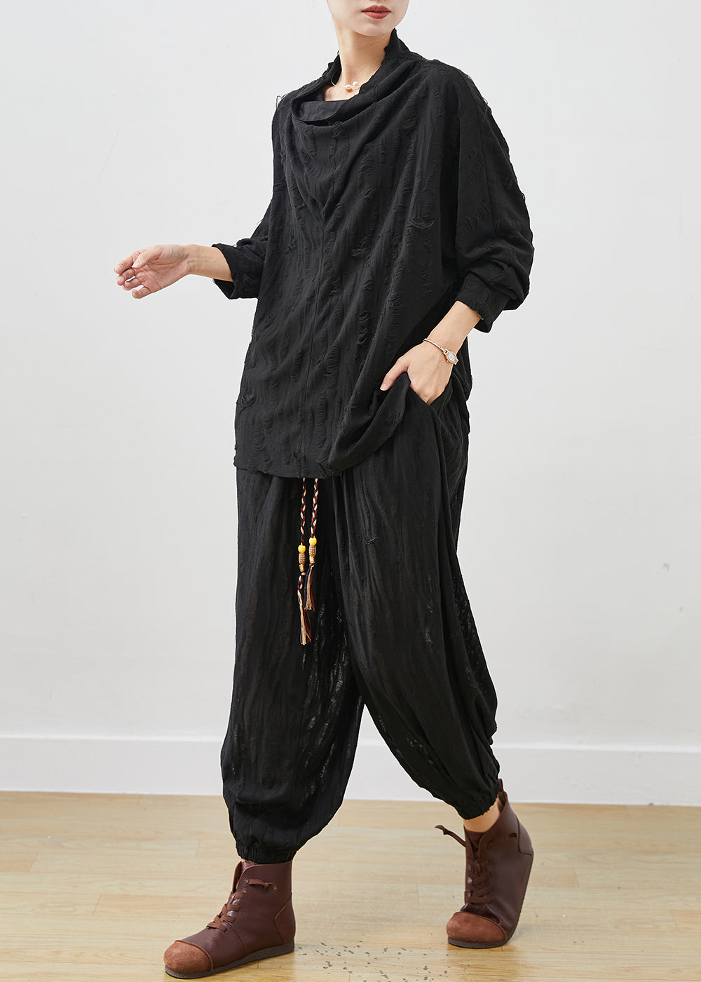 Black Loose Cotton Ripped Two-piece Set Turtle Neck Spring