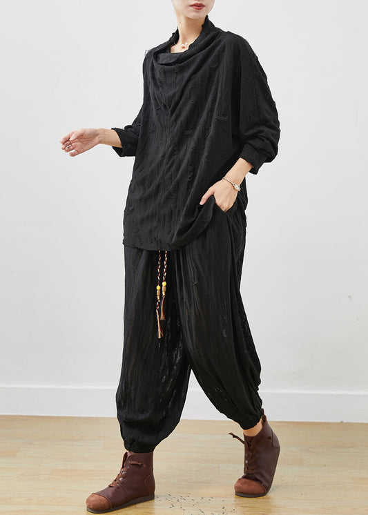 Black Loose Cotton Ripped Two-piece Set Turtle Neck Spring