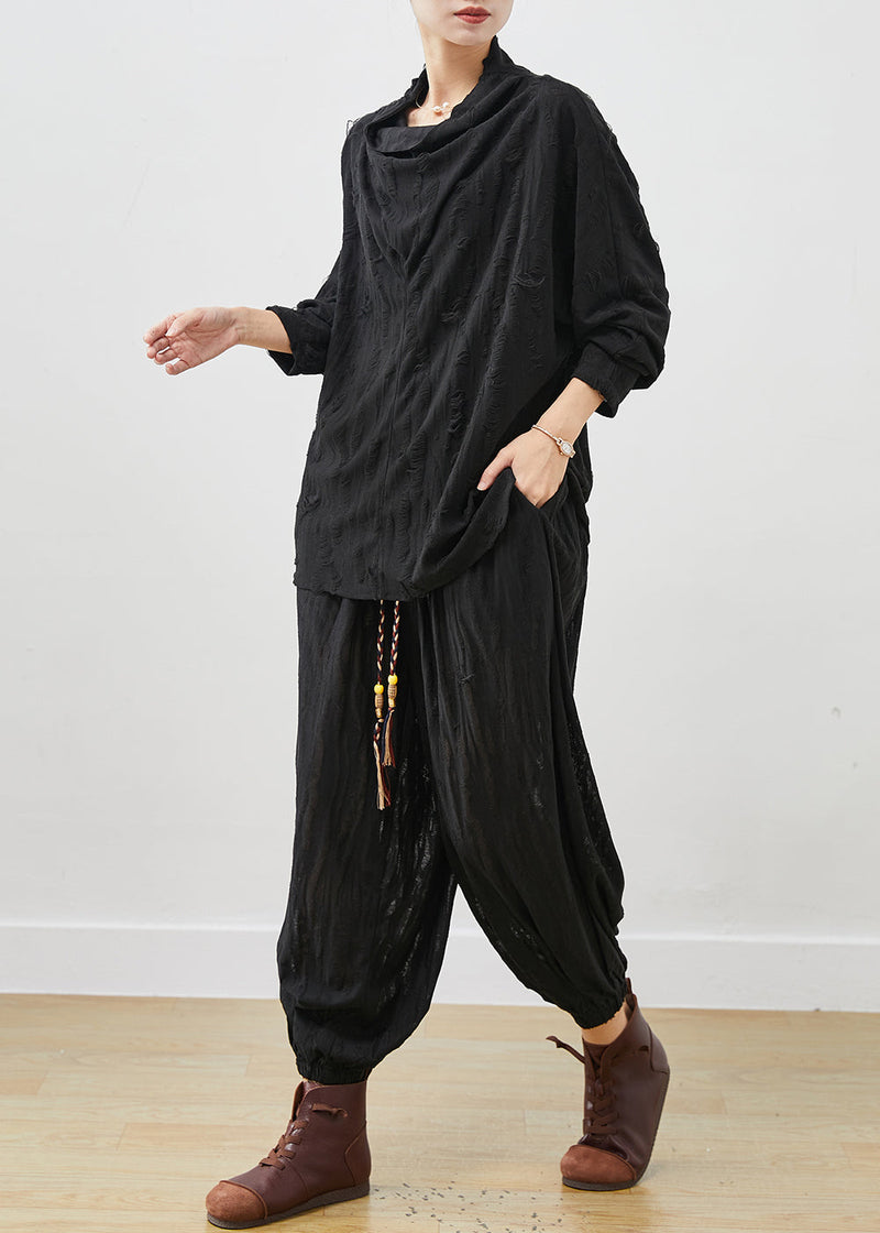 Black Loose Cotton Ripped Two-piece Set Turtle Neck Spring