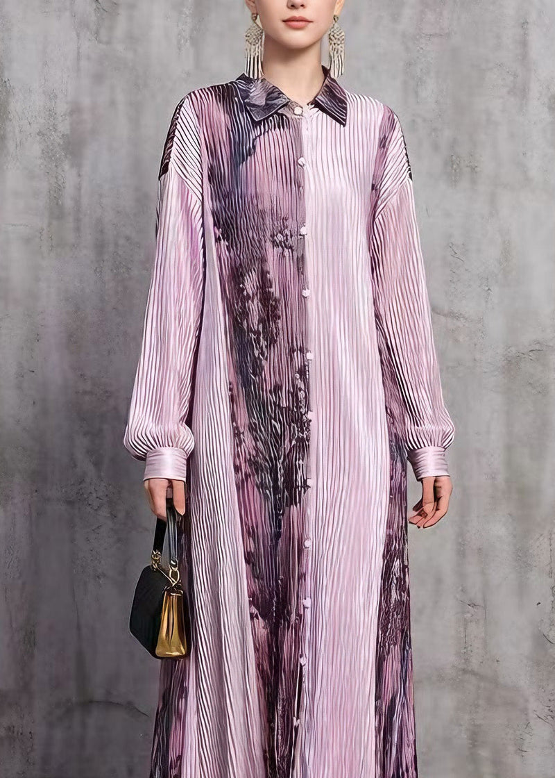 Stylish Purple Peter Pan Collar Print Wrinkled Silk Long Dresses Spring