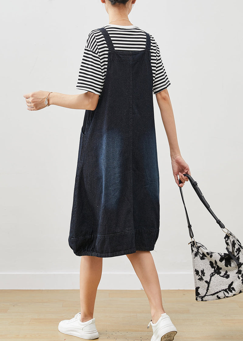 Navy Oversized Striped Cotton Two Pieces Set Summer