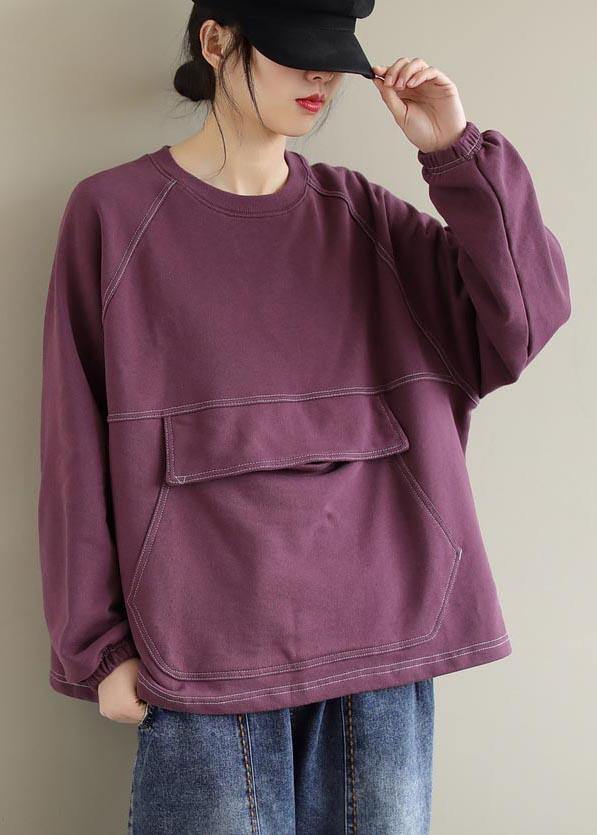 French Purple Tops Blouses O Neck Patchwork Silhouette Spring Blouses