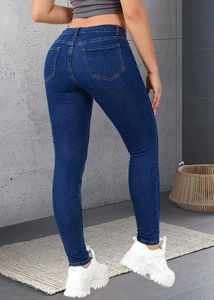 Dark Blue Pockets Button Patchwork Denim Pants
