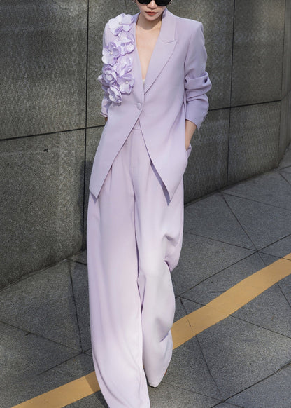 Purple Button Coat and Pants Two Pieces Set Fall