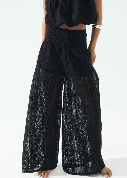New Black Hollow Out Elastic Waist Lace Wide Leg Pants Summer