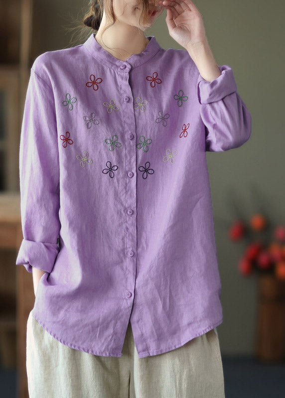 Purple Stand Collar Embroideried Linen Shirt Long Sleeve