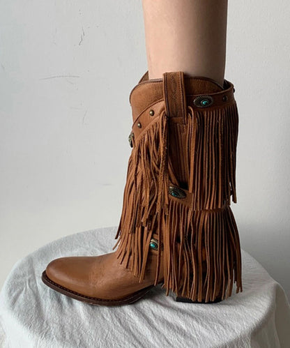 Splicing Chunky Cowgirl Boots Tassel Cowhide Leather