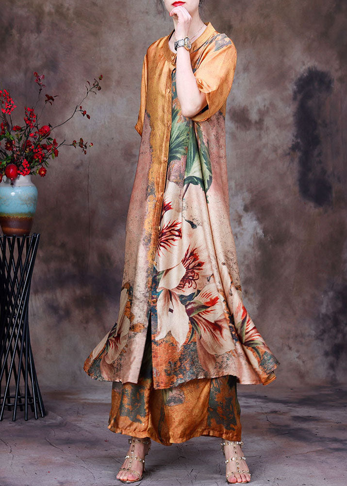 Yellow Stand Collar Print Silk Long Shirt and Crop Pant Two Pieces Set Summer