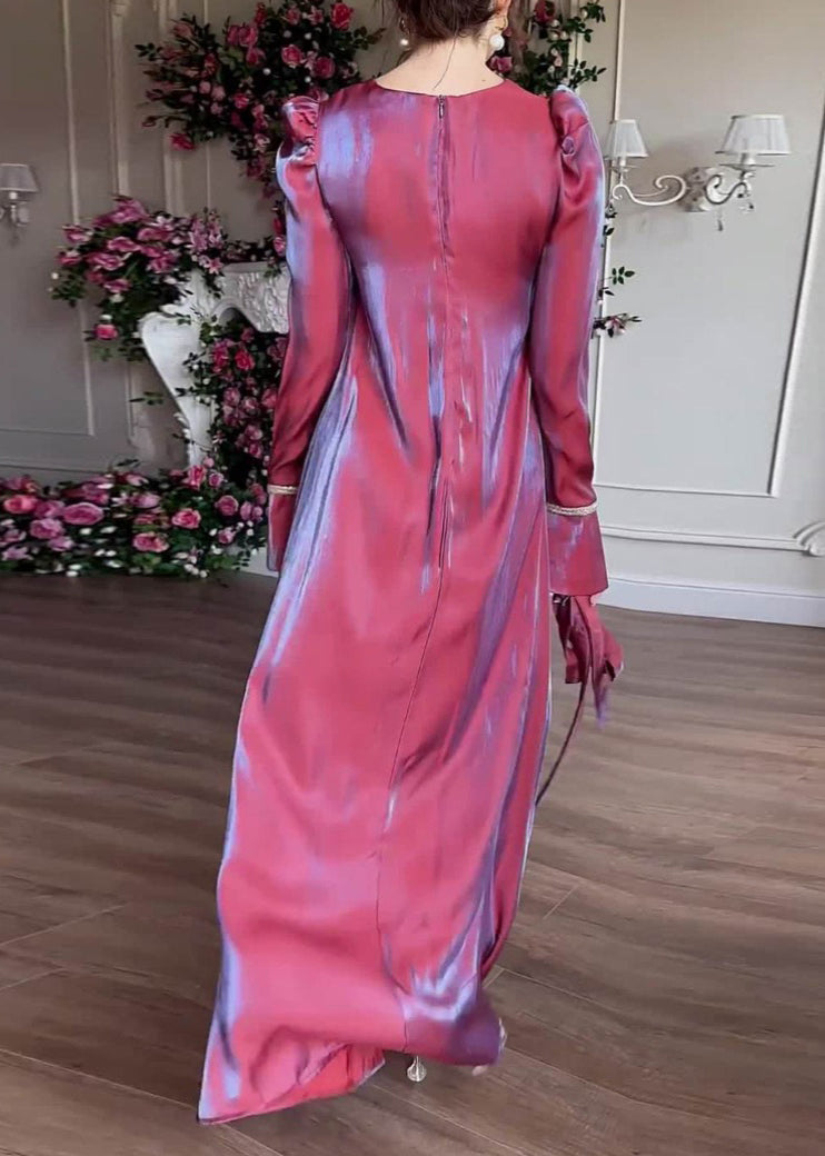 Purple O Neck Silk Maxi Dress Spring