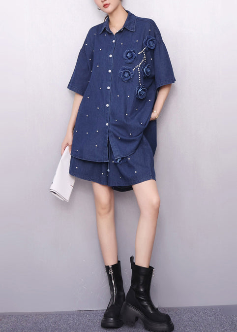 Handsome Navy Embroidered Nail Bead Two Piece Set Summer