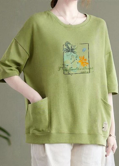 Light Purple O Neck Pockets Patchwork Cotton Top Summer