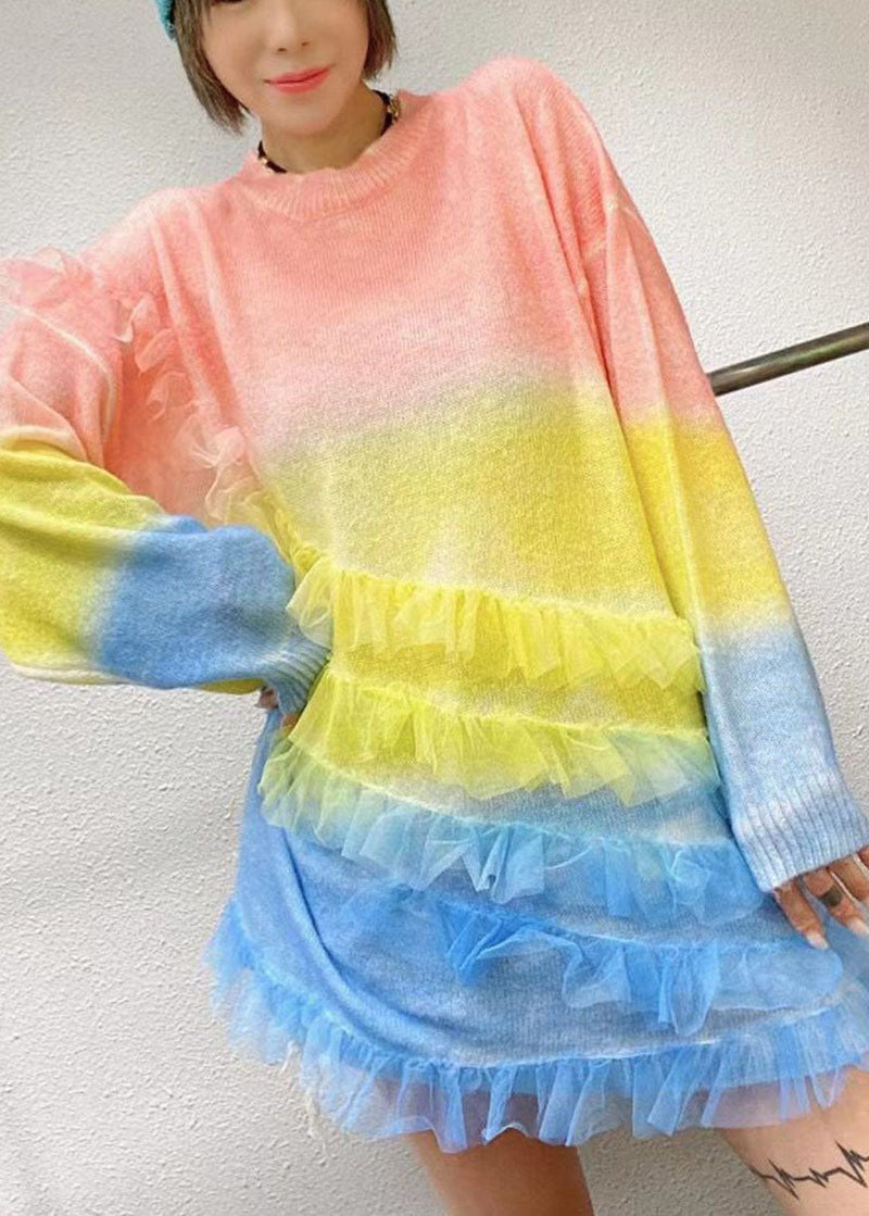 Rainbow O-neck Ruffles Knit Fall Loose Long Sweater