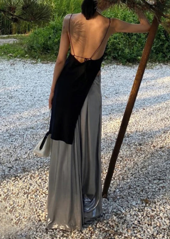 Black Asymmetrical Tops and Silver Pants Cotton Two Pieces Set Sleeveless