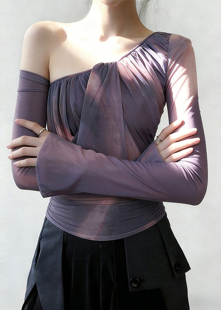 Purple One Shoulder Wrinkled Tulle Shirt Spring