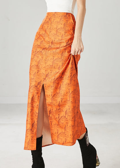 Silm Fit Orange Print Side Open Wraped Skirts Spring
