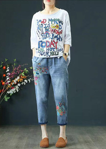 Blue Embroidered Denim Ripped Pants Summer