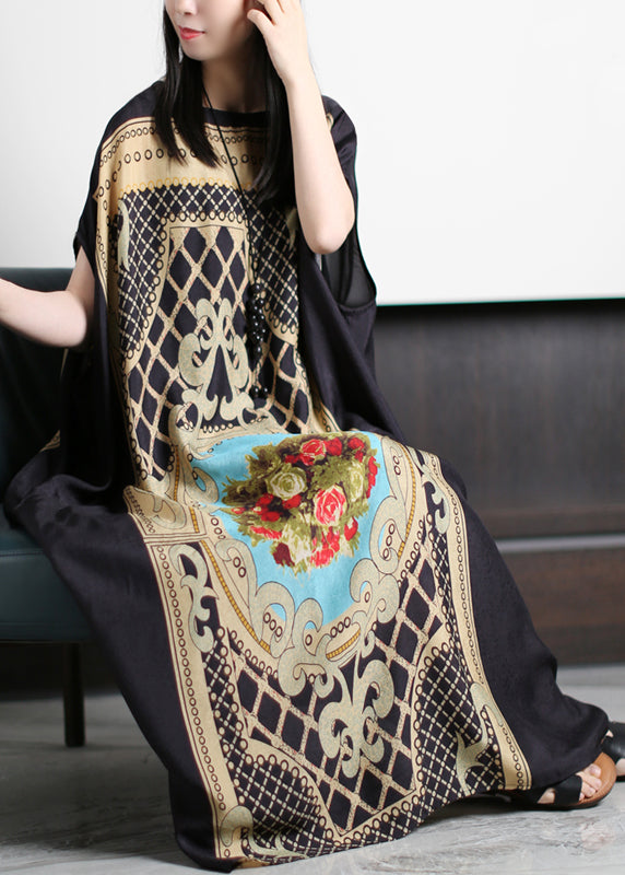 Original Loose Black O-neck Yellow Print Silk Maxi Dresses Batwing Sleeve