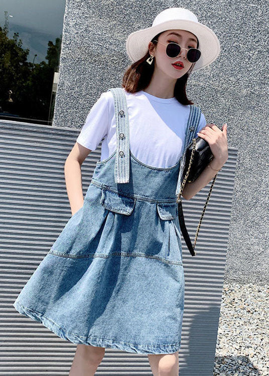 Diy Blue Oversized Patchwork Denim Strap Dress Two Piece Set Clothing Summer