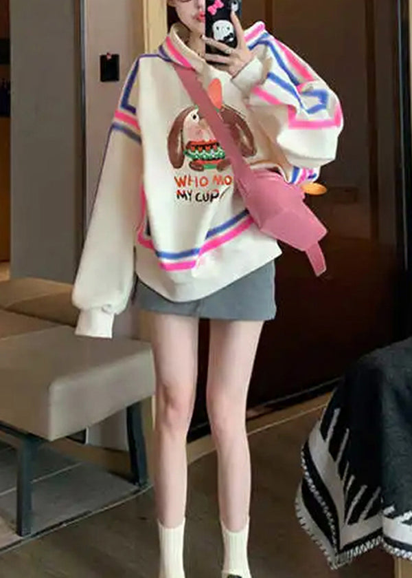 Style Apricot Hooded Cartoon Print Cotton Pullover Spring