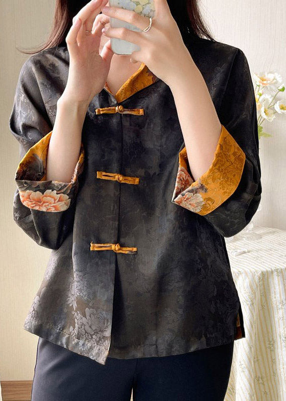 Stand Collar Print Button Side Open Silk Coat Long Sleeve