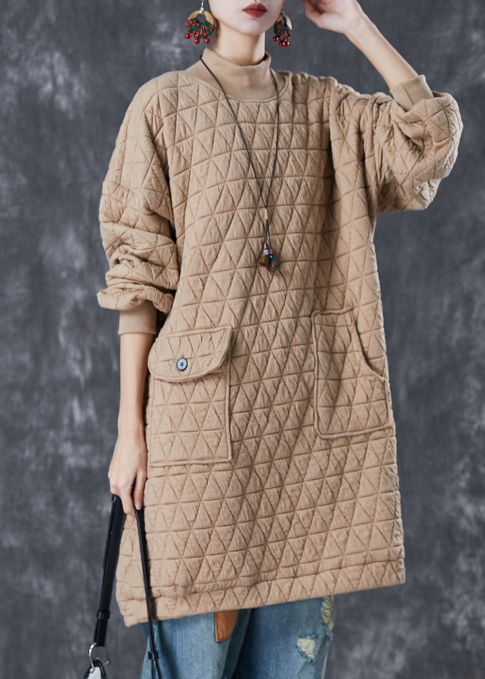 Khaki Stand Collar Pockets Fine Cotton Filled Loose Sweatshirt Dress Winter