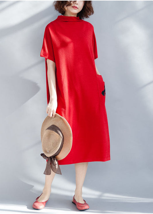 Boutique Red Turtle Neck Cotton Party Dress Short Sleeve