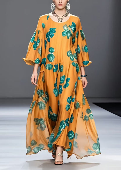Classy Orange Oversized Print Chiffon Ankle Dress Spring