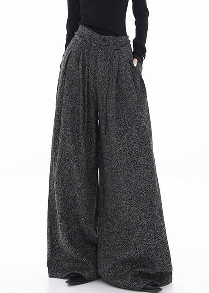 Black Lace Up Woolen Fall Wide Leg Pants High Waist