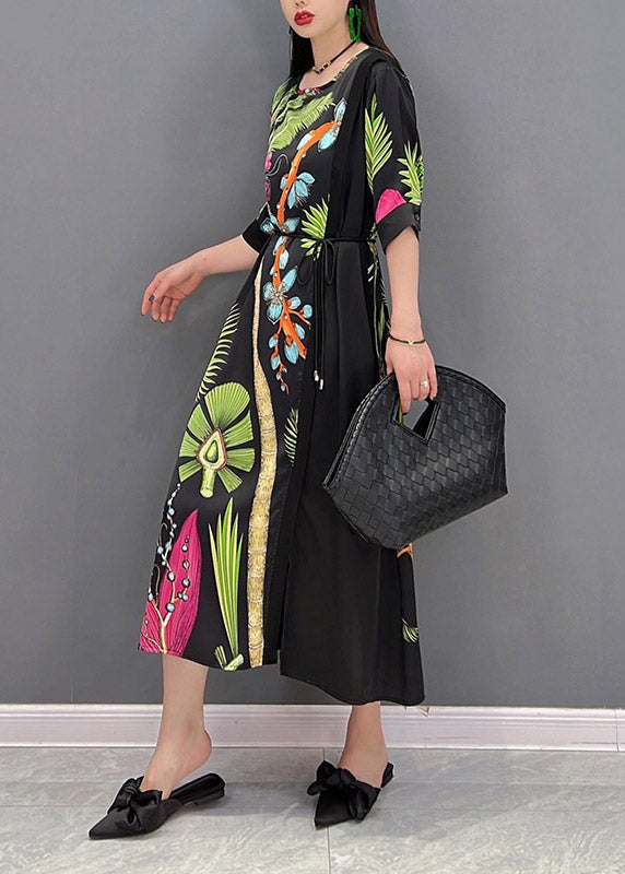 French O-neck Print Patchwork Tie Waist Chiffon Dresses Half Sleeve