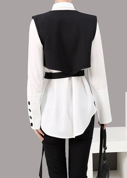 Loose Black Peter Pan Collar Button Shirt Vest Two Piece Suit Set Spring