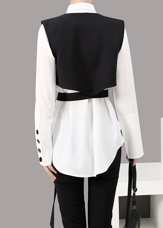 Loose Black Peter Pan Collar Button Shirt Vest Two Piece Suit Set Spring
