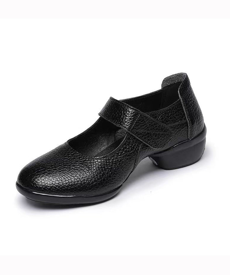 Buckle Strap Splicing Chunky Black Cowhide Leather Dance Shoes