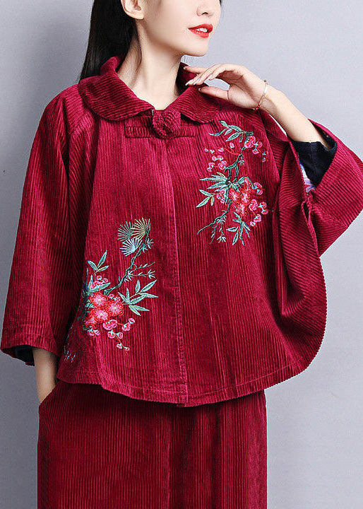 Mulberry Peter Pan Collar Embroideried Corduroy Coats Cloak Sleeves