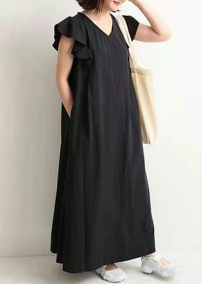 Black V Neck Patchwork Ruffled Cotton Maxi Dresses Summer