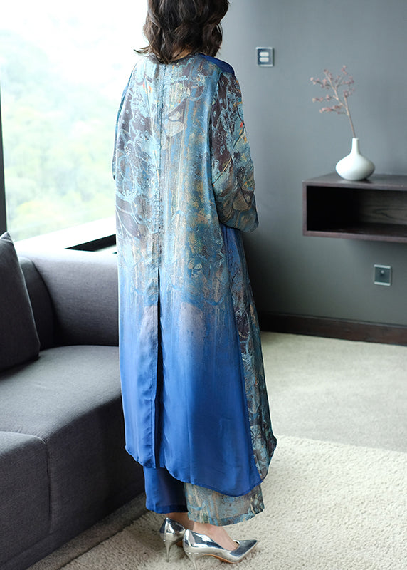 Boutique Blue V Neck Side Open Print Silk Dress and Wide Leg Pants Sets Two Pieces Summer