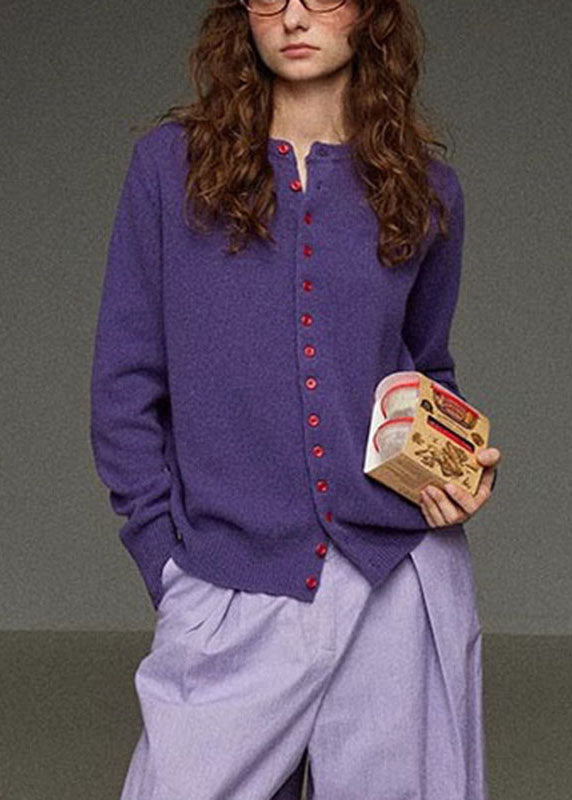 Brief Purple O-neck Button Knit Cardigans Fall