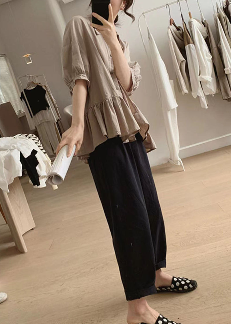 Khaki Peter Pan Collar Asymmetrical Wrinkled Cotton Shirt Summer