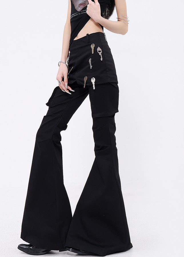 Black False Two Pieces Patchwork Denim Flared Trousers Fall