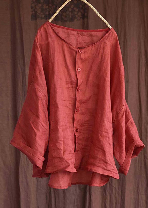 Loose Red O-neck Low High Design Linen Tops Bracelet Sleeve