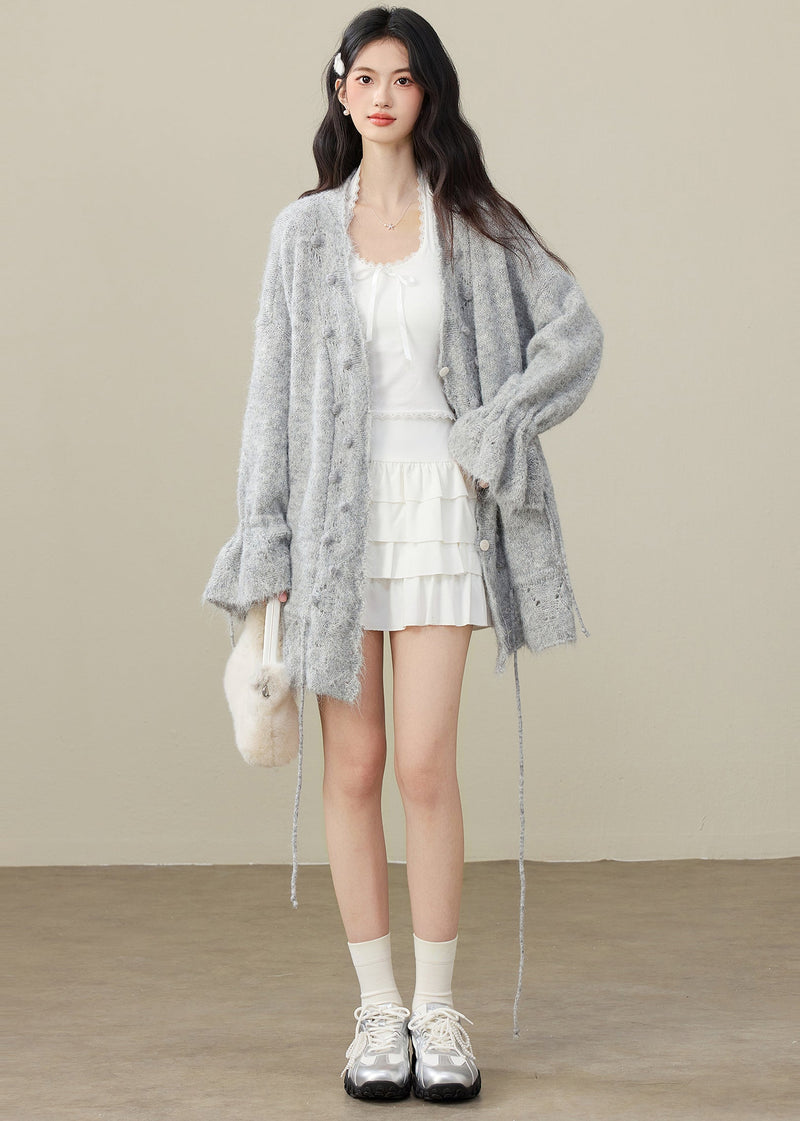Grey Fuzzy Ball Decorated Drawstring Knit Cardigan Spring