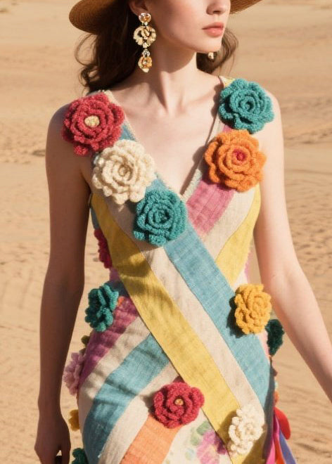 Multicolor Striped Knitted Flower Cotton Cami Dresses Summer