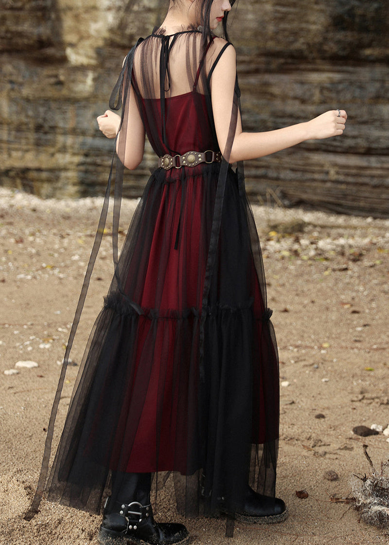 Black Stand Collar Tie Waist Tulle Dress Two Pieces Set Summer