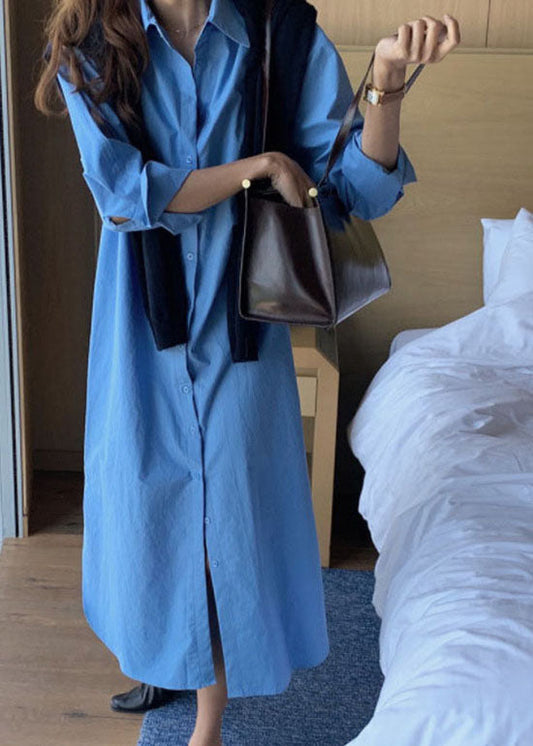 Modern Blue Tie Waist Side Open Cotton Dress Spring