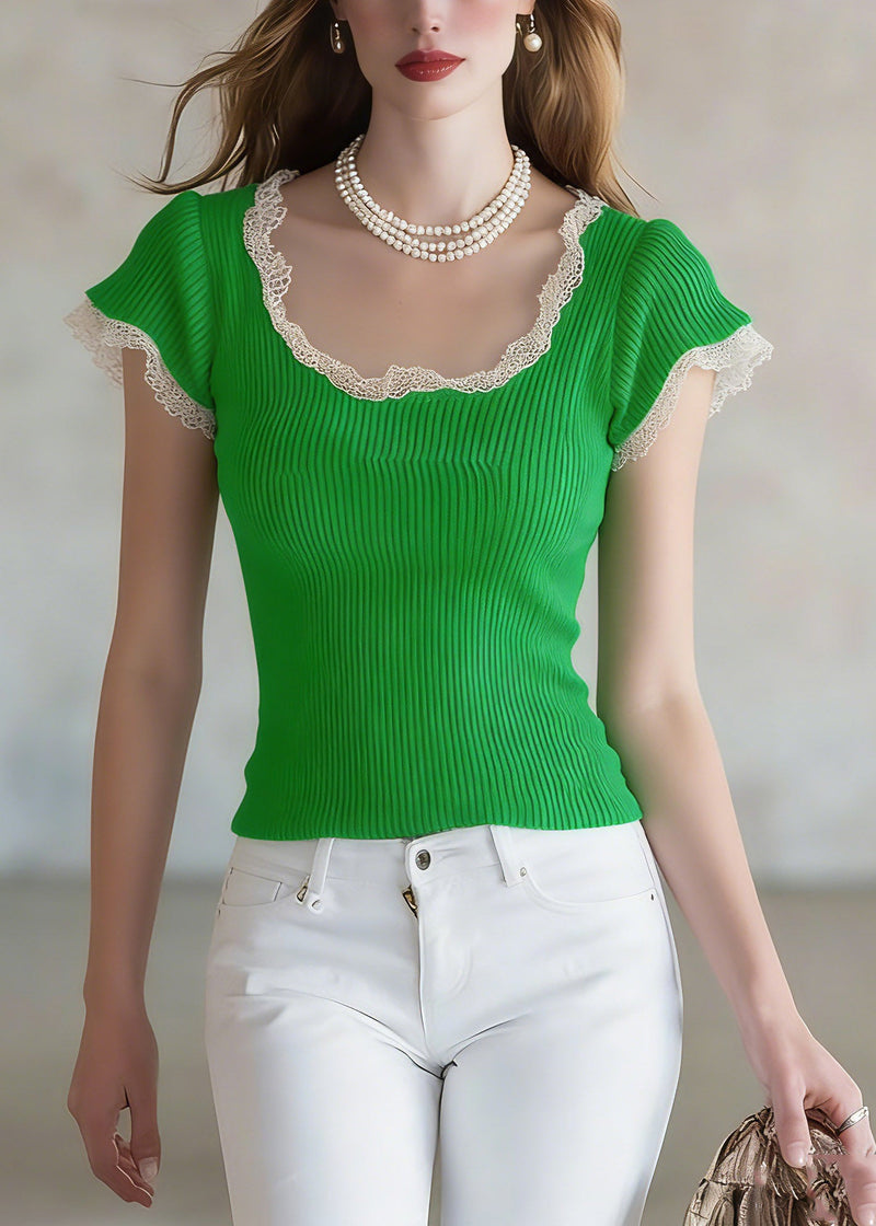 Organic Green Lace Patchwork Ice Silk Knit Top Short Sleeve