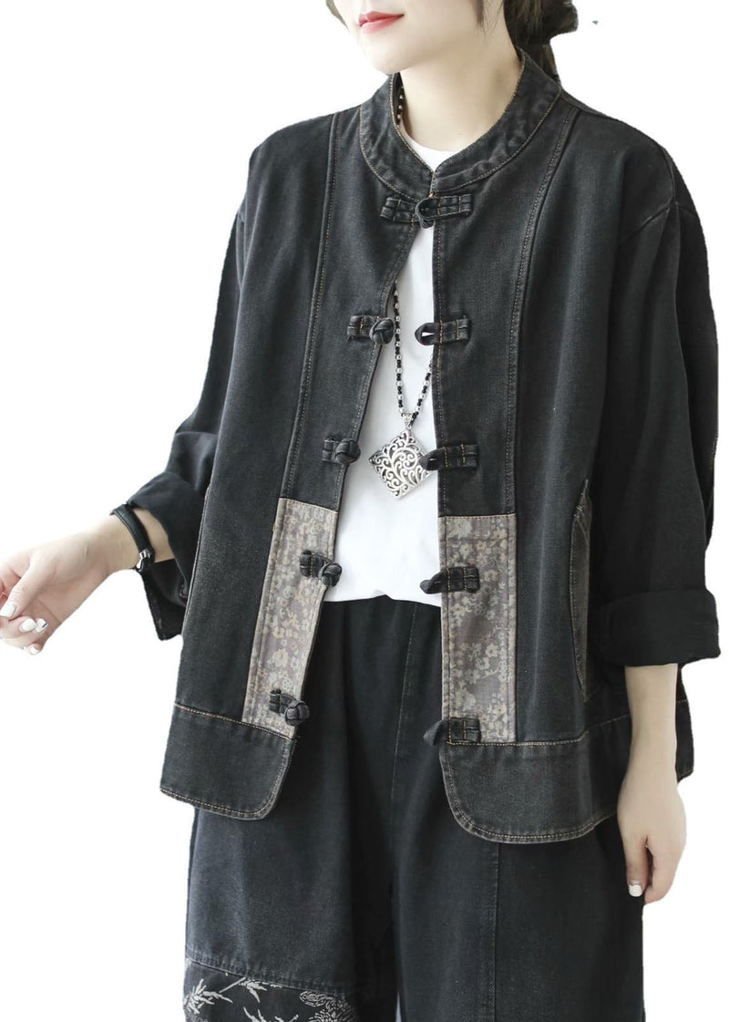 Blue Pockets Button Patchwork Fall Denim Long Sleeve Coat