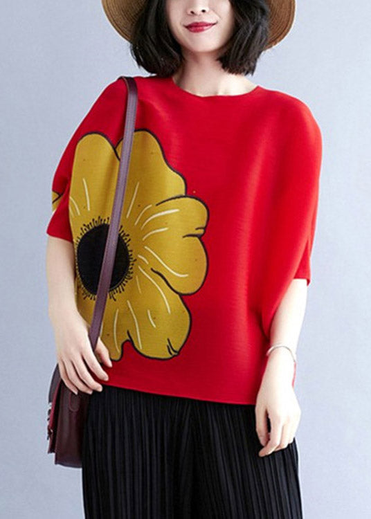Red O-neck Print Wrinkled Tops Half Sleeve