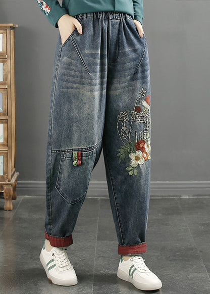Navy Embroideried Patchwork Denim Pants Spring