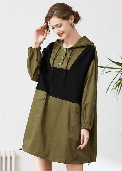 Army Green Hooded Oversized Patchwork Cotton Sweatshirt Spring