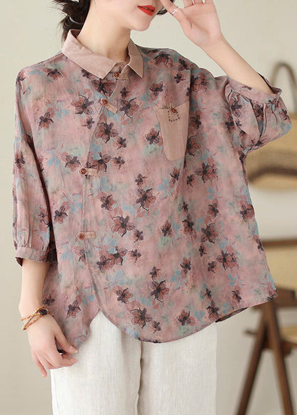 Print Peter Pan Collar Button Cotton Tops Spring