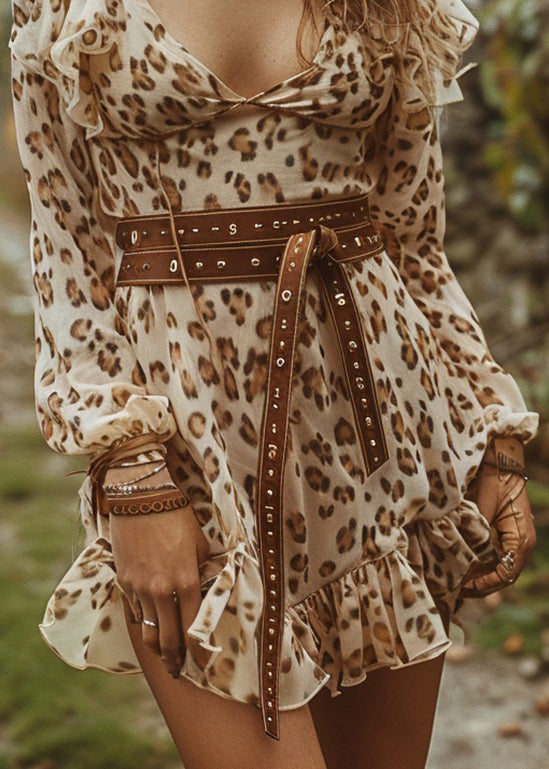 Pastoral Leopard Style Long Sleeve Short Dresses